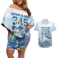Personalized Cayman Islands 345 Couples Matching Off Shoulder Short Dress and Hawaiian Shirt Watercolor Turtle - Wonder Print Shop