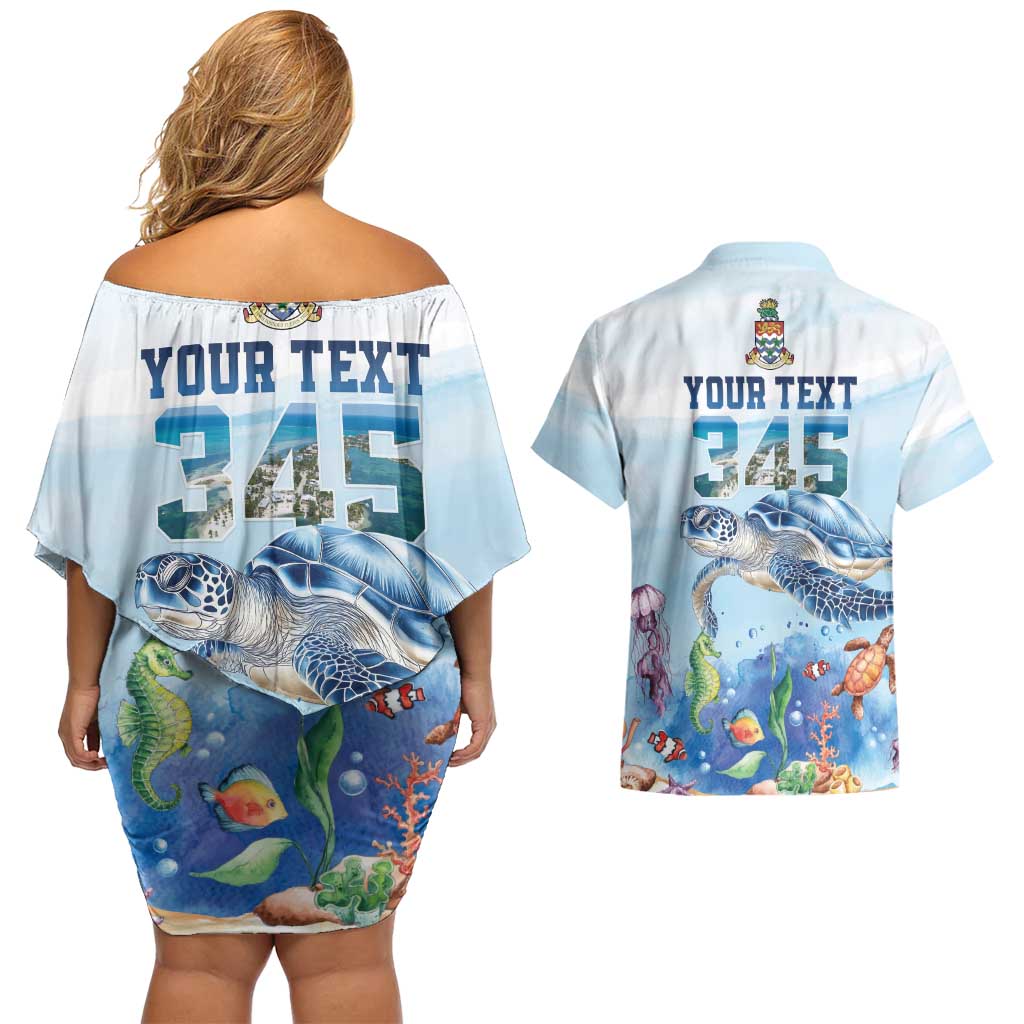Personalized Cayman Islands 345 Couples Matching Off Shoulder Short Dress and Hawaiian Shirt Watercolor Turtle - Wonder Print Shop