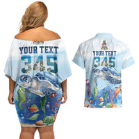 Personalized Cayman Islands 345 Couples Matching Off Shoulder Short Dress and Hawaiian Shirt Watercolor Turtle - Wonder Print Shop