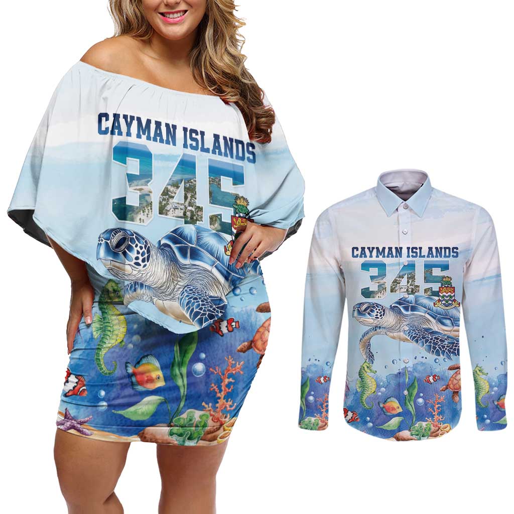 Personalized Cayman Islands 345 Couples Matching Off Shoulder Short Dress and Long Sleeve Button Shirt Watercolor Turtle - Wonder Print Shop