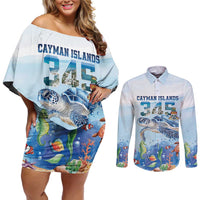 Personalized Cayman Islands 345 Couples Matching Off Shoulder Short Dress and Long Sleeve Button Shirt Watercolor Turtle - Wonder Print Shop