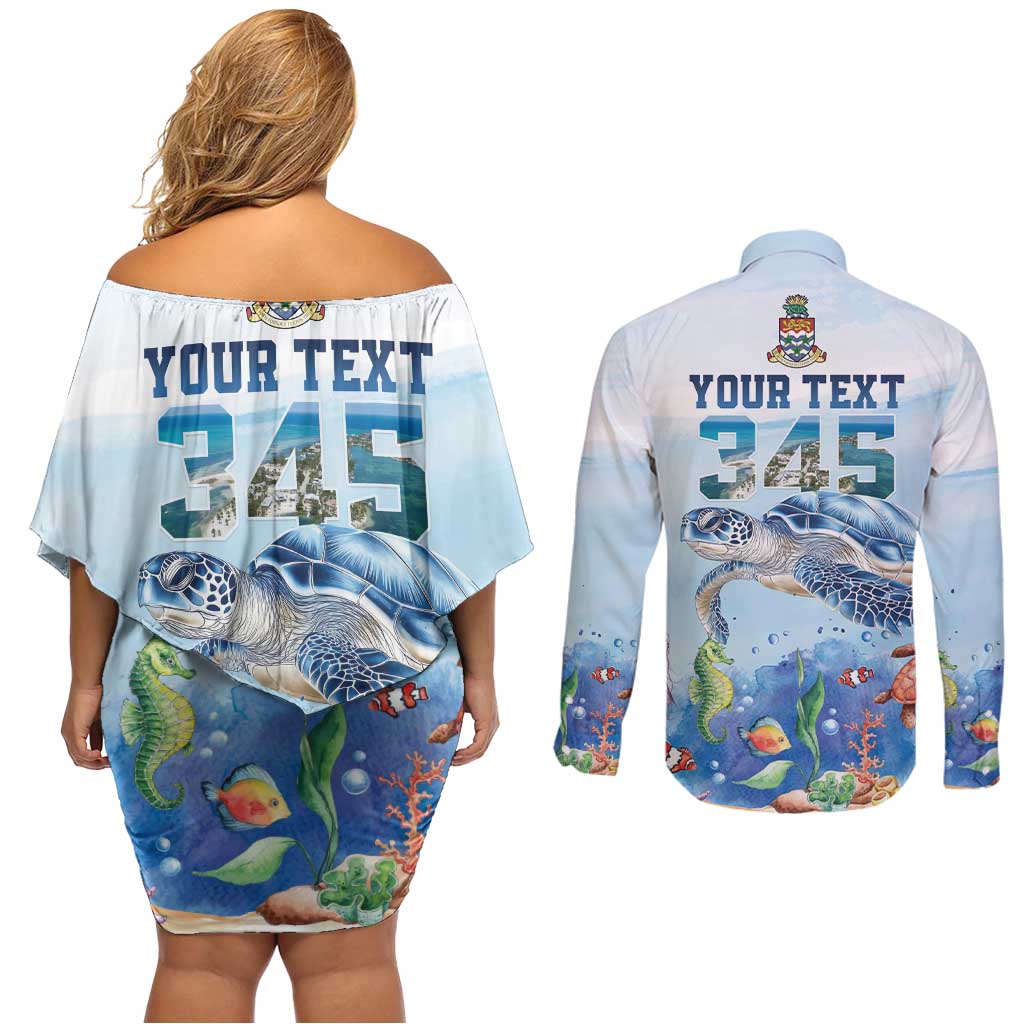 Personalized Cayman Islands 345 Couples Matching Off Shoulder Short Dress and Long Sleeve Button Shirt Watercolor Turtle - Wonder Print Shop