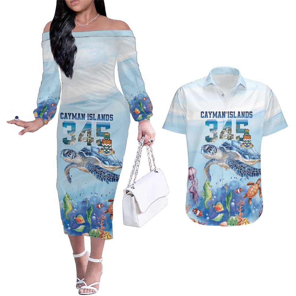 Personalized Cayman Islands 345 Couples Matching Off The Shoulder Long Sleeve Dress and Hawaiian Shirt Watercolor Turtle - Wonder Print Shop