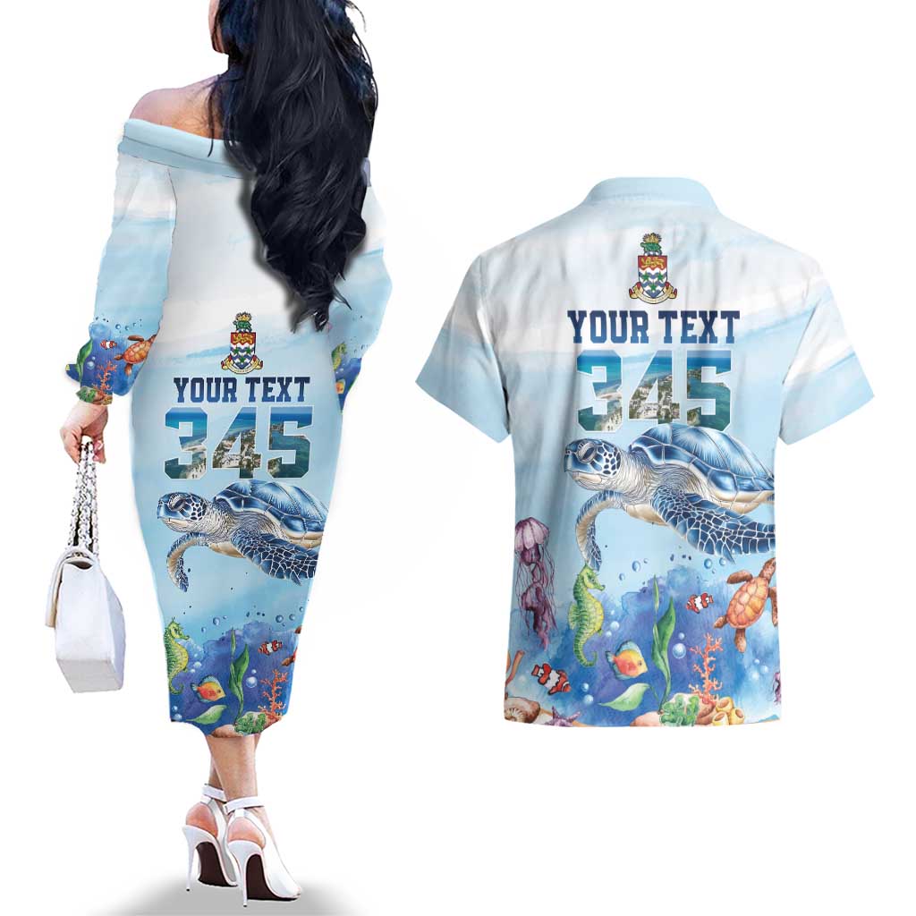 Personalized Cayman Islands 345 Couples Matching Off The Shoulder Long Sleeve Dress and Hawaiian Shirt Watercolor Turtle - Wonder Print Shop