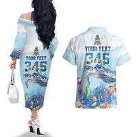 Personalized Cayman Islands 345 Couples Matching Off The Shoulder Long Sleeve Dress and Hawaiian Shirt Watercolor Turtle - Wonder Print Shop