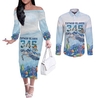 Personalized Cayman Islands 345 Couples Matching Off The Shoulder Long Sleeve Dress and Long Sleeve Button Shirt Watercolor Turtle - Wonder Print Shop