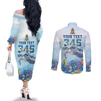 Personalized Cayman Islands 345 Couples Matching Off The Shoulder Long Sleeve Dress and Long Sleeve Button Shirt Watercolor Turtle - Wonder Print Shop