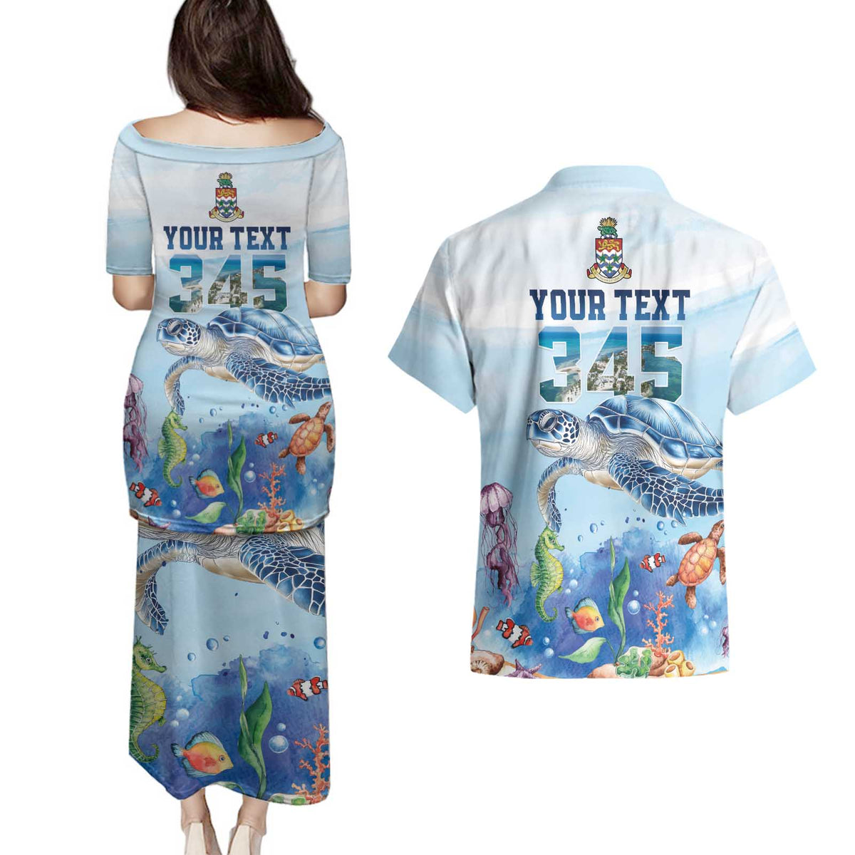 Personalized Cayman Islands 345 Couples Matching Puletasi and Hawaiian Shirt Watercolor Turtle - Wonder Print Shop