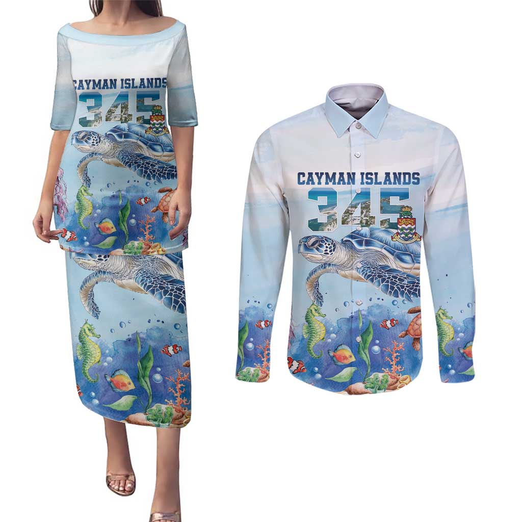 Personalized Cayman Islands 345 Couples Matching Puletasi and Long Sleeve Button Shirt Watercolor Turtle - Wonder Print Shop