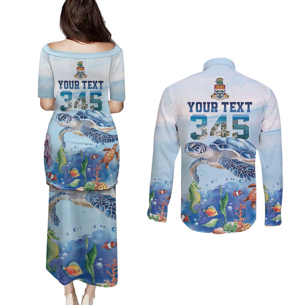 Personalized Cayman Islands 345 Couples Matching Puletasi and Long Sleeve Button Shirt Watercolor Turtle - Wonder Print Shop
