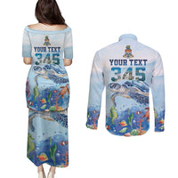 Personalized Cayman Islands 345 Couples Matching Puletasi and Long Sleeve Button Shirt Watercolor Turtle - Wonder Print Shop