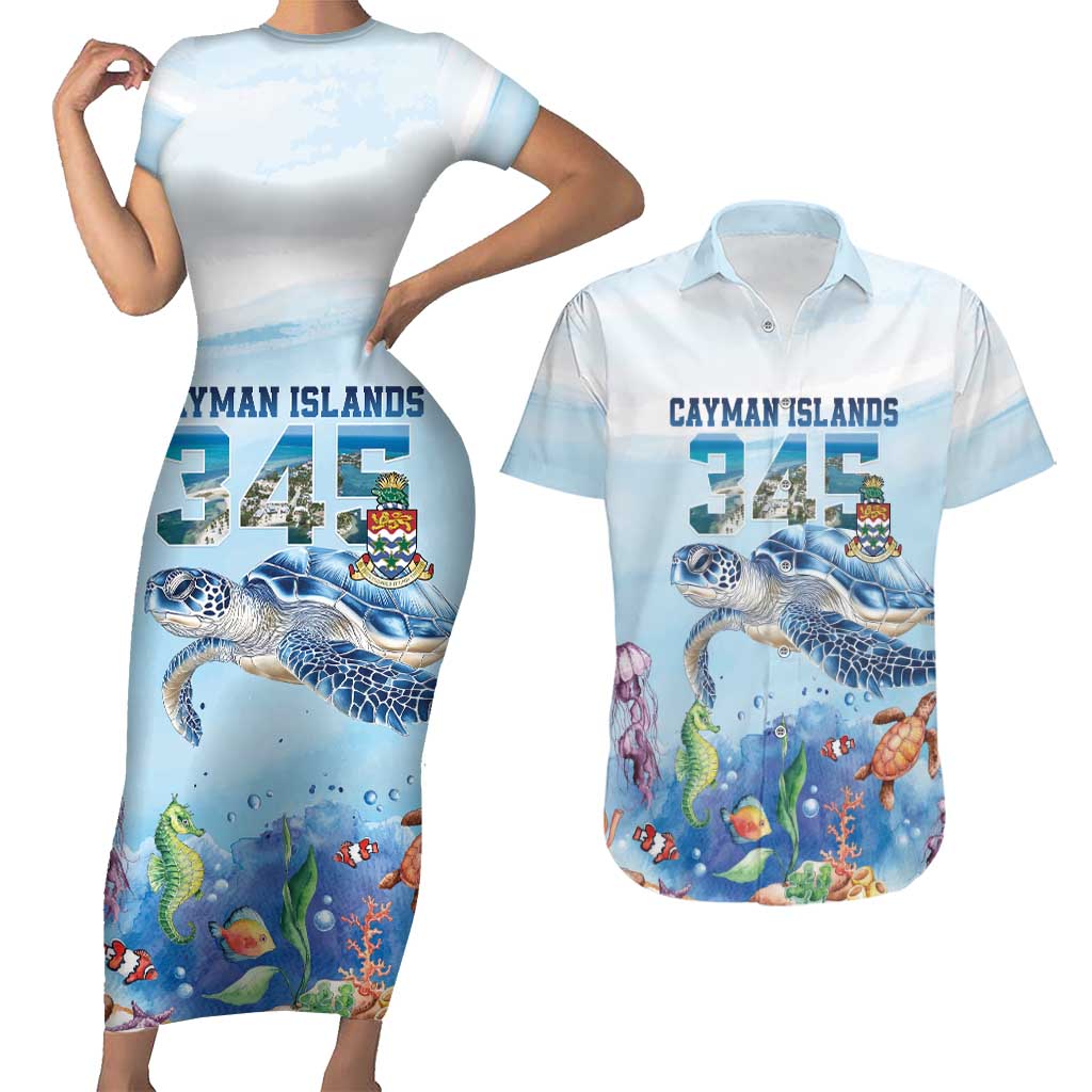 Personalized Cayman Islands 345 Couples Matching Short Sleeve Bodycon Dress and Hawaiian Shirt Watercolor Turtle - Wonder Print Shop