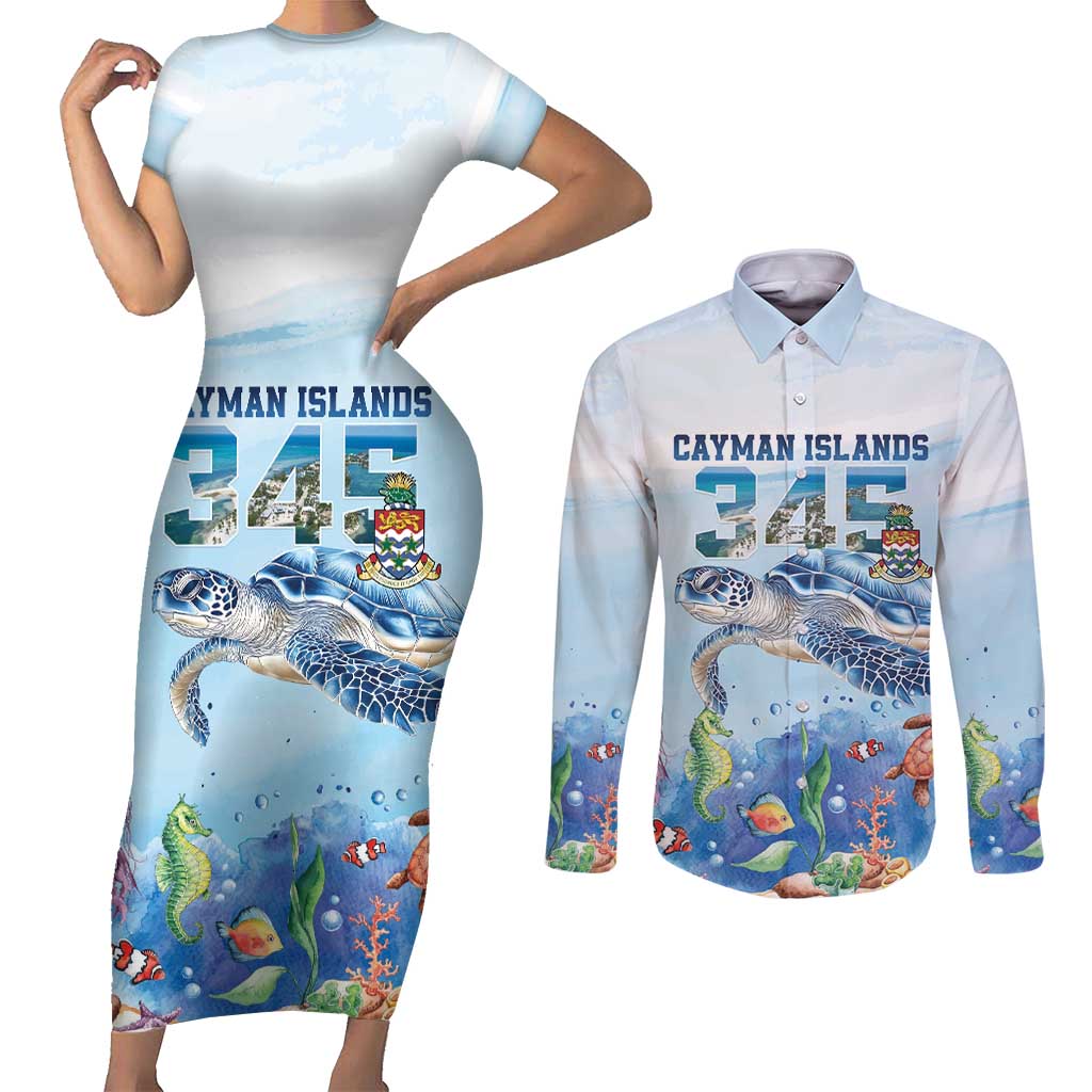 Personalized Cayman Islands 345 Couples Matching Short Sleeve Bodycon Dress and Long Sleeve Button Shirt Watercolor Turtle - Wonder Print Shop