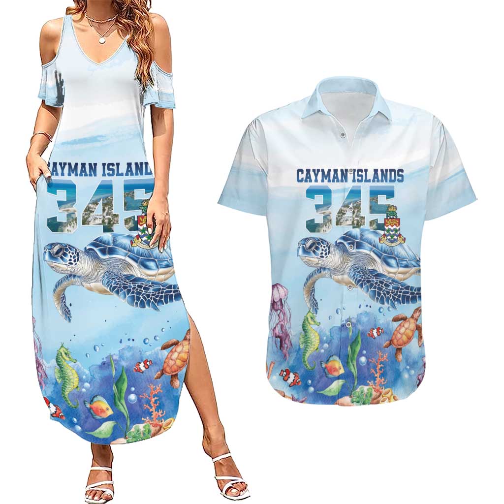 Personalized Cayman Islands 345 Couples Matching Summer Maxi Dress and Hawaiian Shirt Watercolor Turtle - Wonder Print Shop