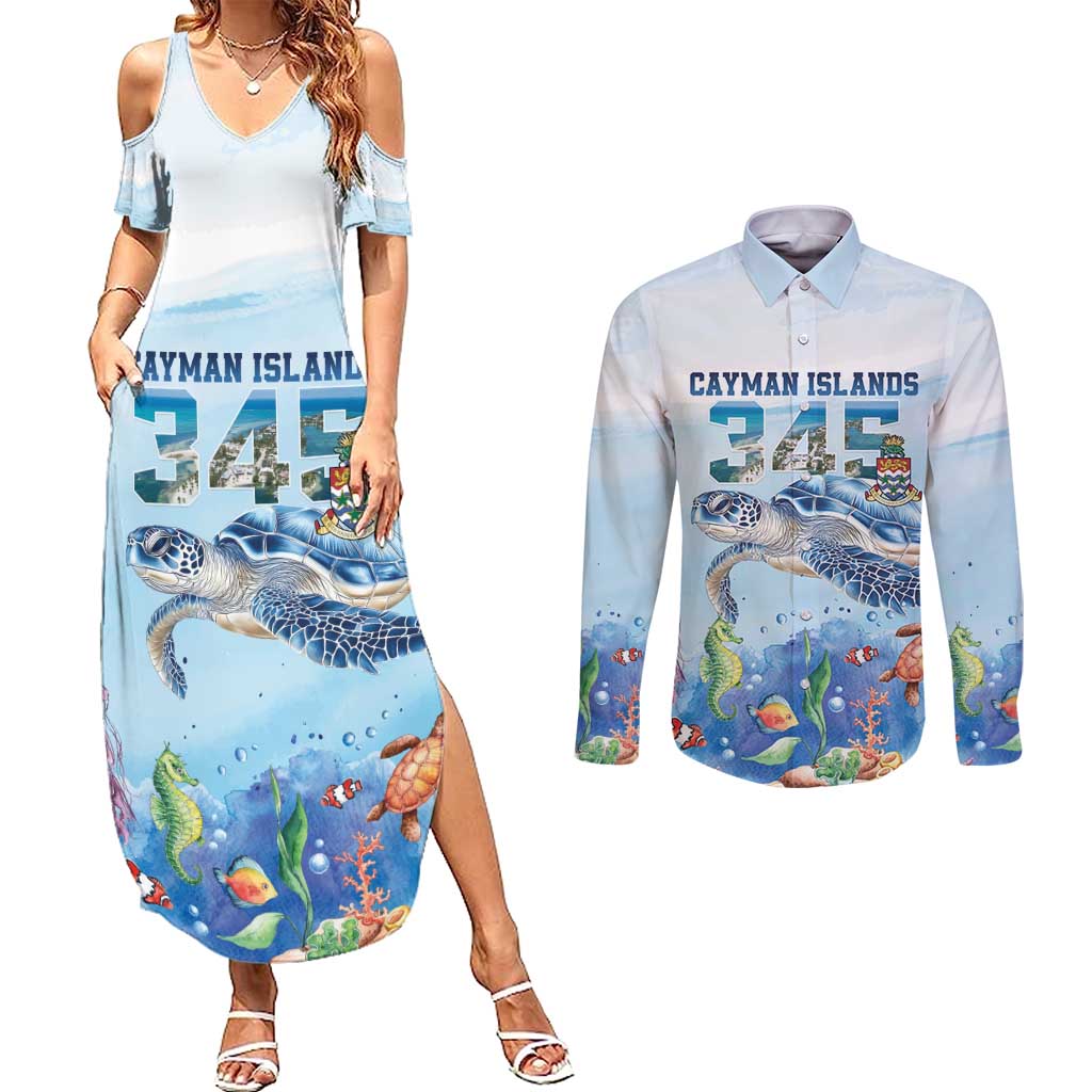 Personalized Cayman Islands 345 Couples Matching Summer Maxi Dress and Long Sleeve Button Shirt Watercolor Turtle - Wonder Print Shop