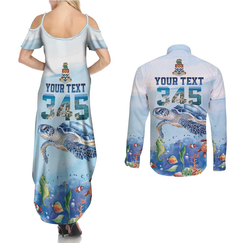 Personalized Cayman Islands 345 Couples Matching Summer Maxi Dress and Long Sleeve Button Shirt Watercolor Turtle - Wonder Print Shop