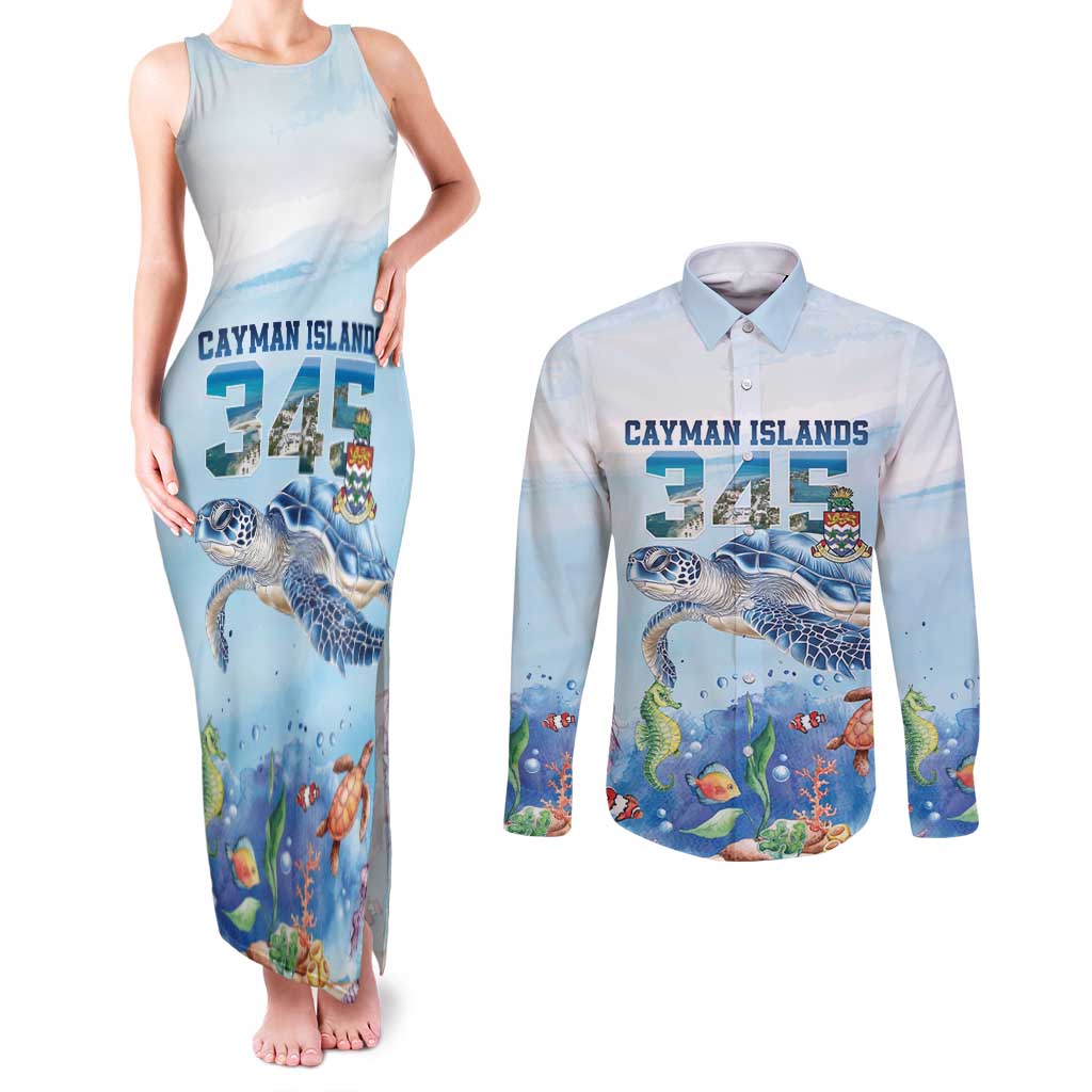 Personalized Cayman Islands 345 Couples Matching Tank Maxi Dress and Long Sleeve Button Shirt Watercolor Turtle - Wonder Print Shop