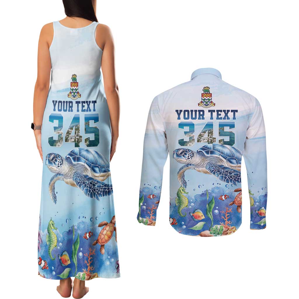 Personalized Cayman Islands 345 Couples Matching Tank Maxi Dress and Long Sleeve Button Shirt Watercolor Turtle - Wonder Print Shop