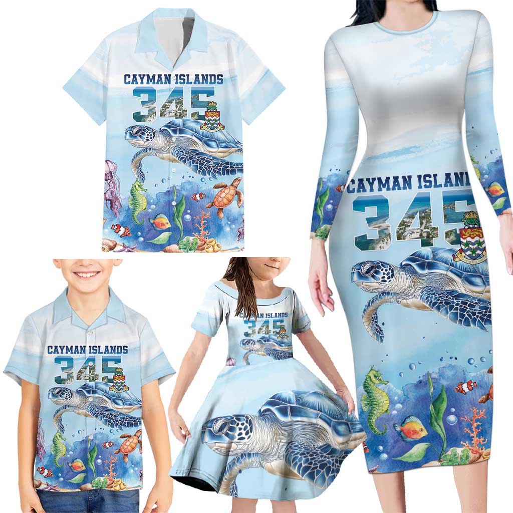 Personalized Cayman Islands 345 Family Matching Long Sleeve Bodycon Dress and Hawaiian Shirt Watercolor Turtle - Wonder Print Shop