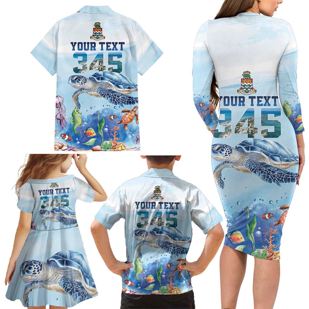 Personalized Cayman Islands 345 Family Matching Long Sleeve Bodycon Dress and Hawaiian Shirt Watercolor Turtle - Wonder Print Shop