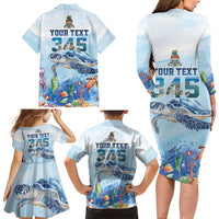 Personalized Cayman Islands 345 Family Matching Long Sleeve Bodycon Dress and Hawaiian Shirt Watercolor Turtle - Wonder Print Shop