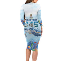 Personalized Cayman Islands 345 Family Matching Long Sleeve Bodycon Dress and Hawaiian Shirt Watercolor Turtle - Wonder Print Shop