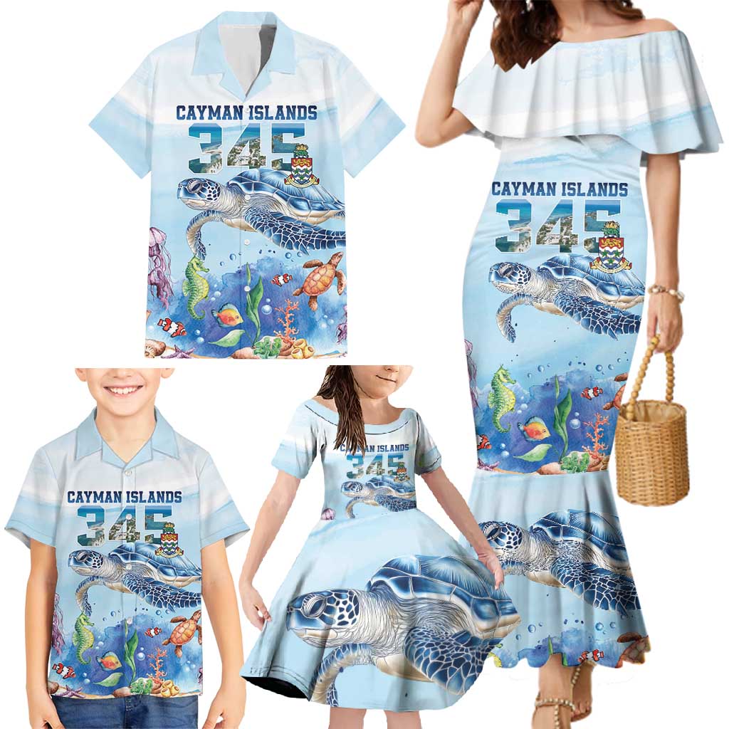 Personalized Cayman Islands 345 Family Matching Mermaid Dress and Hawaiian Shirt Watercolor Turtle - Wonder Print Shop
