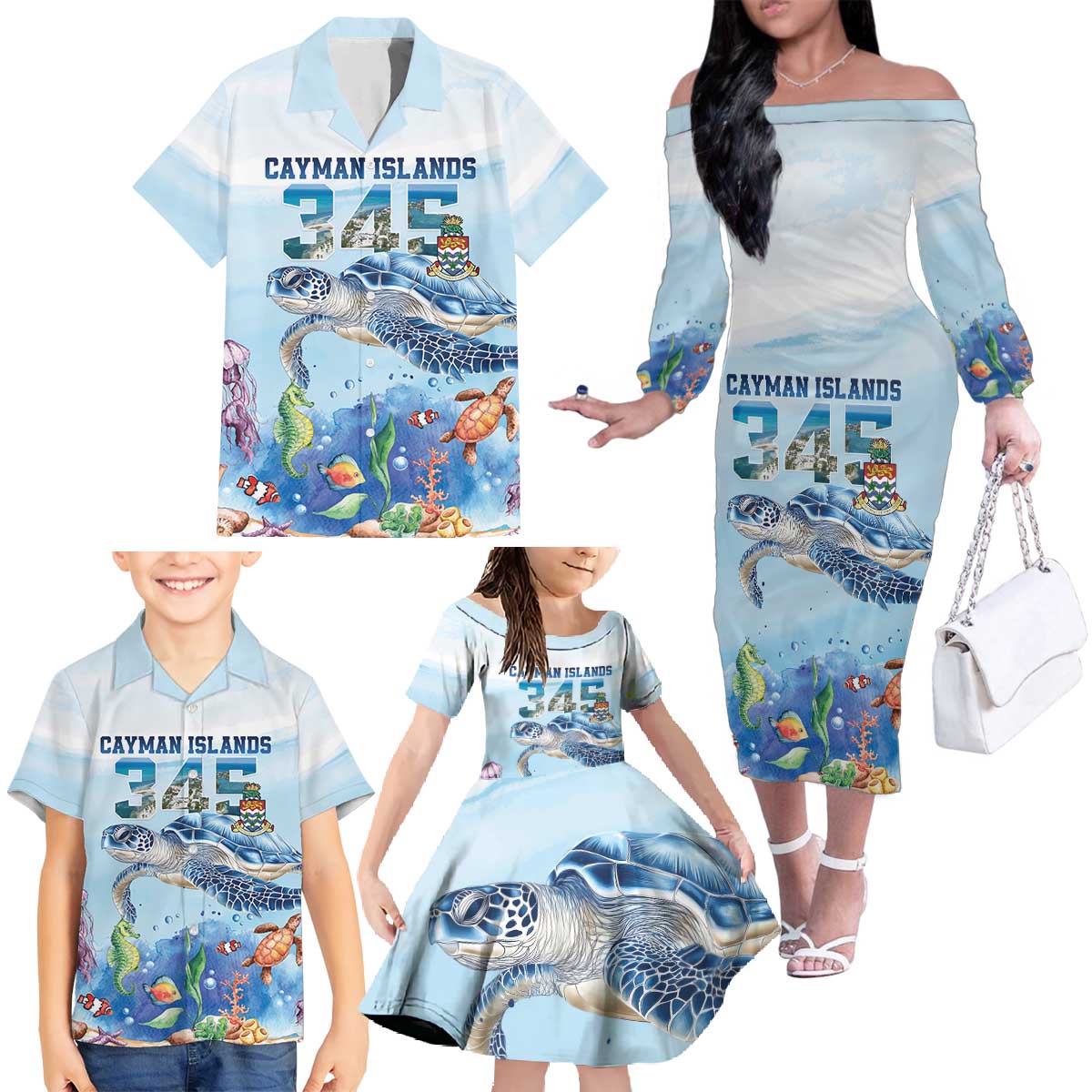 Personalized Cayman Islands 345 Family Matching Off The Shoulder Long Sleeve Dress and Hawaiian Shirt Watercolor Turtle - Wonder Print Shop