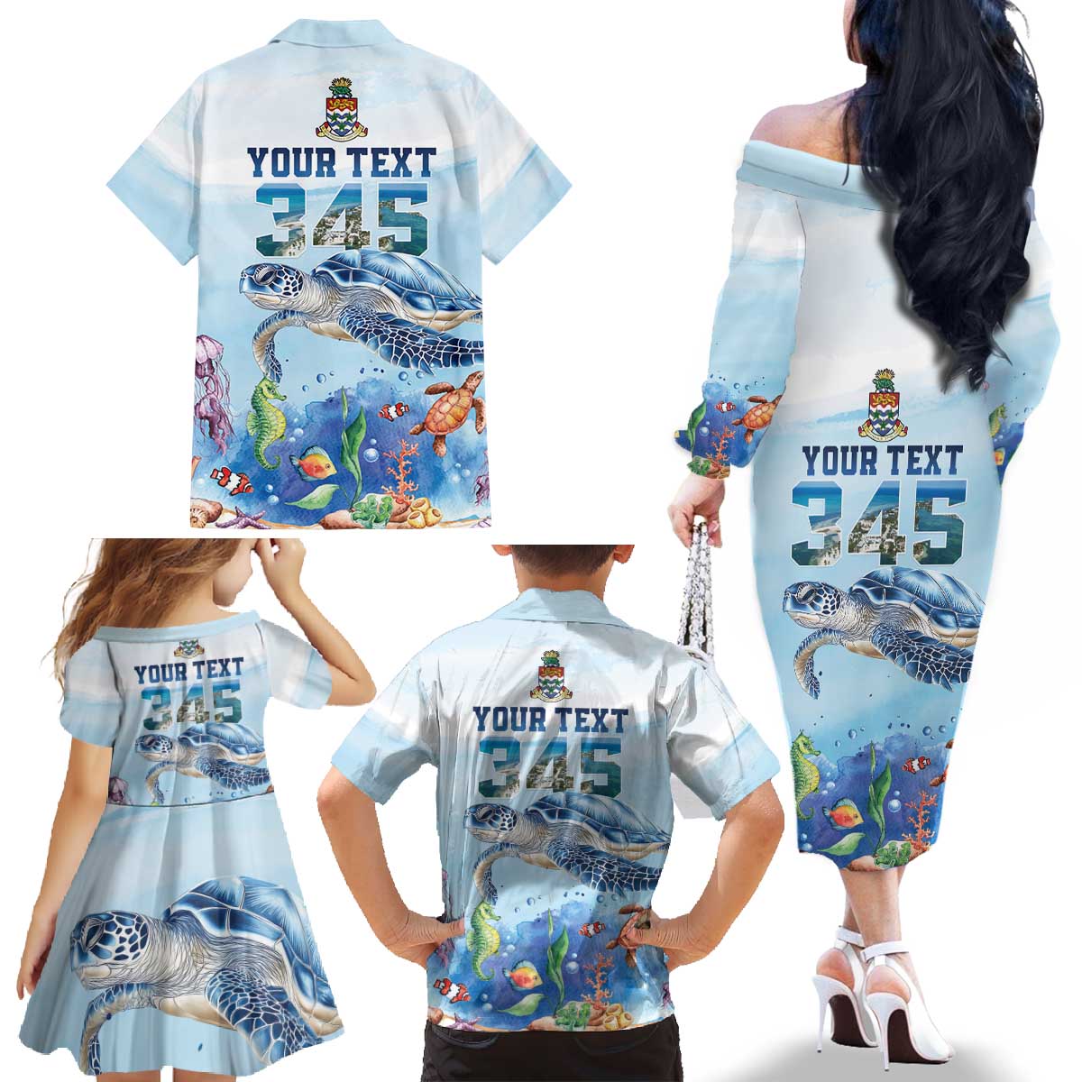 Personalized Cayman Islands 345 Family Matching Off The Shoulder Long Sleeve Dress and Hawaiian Shirt Watercolor Turtle - Wonder Print Shop