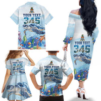 Personalized Cayman Islands 345 Family Matching Off The Shoulder Long Sleeve Dress and Hawaiian Shirt Watercolor Turtle - Wonder Print Shop