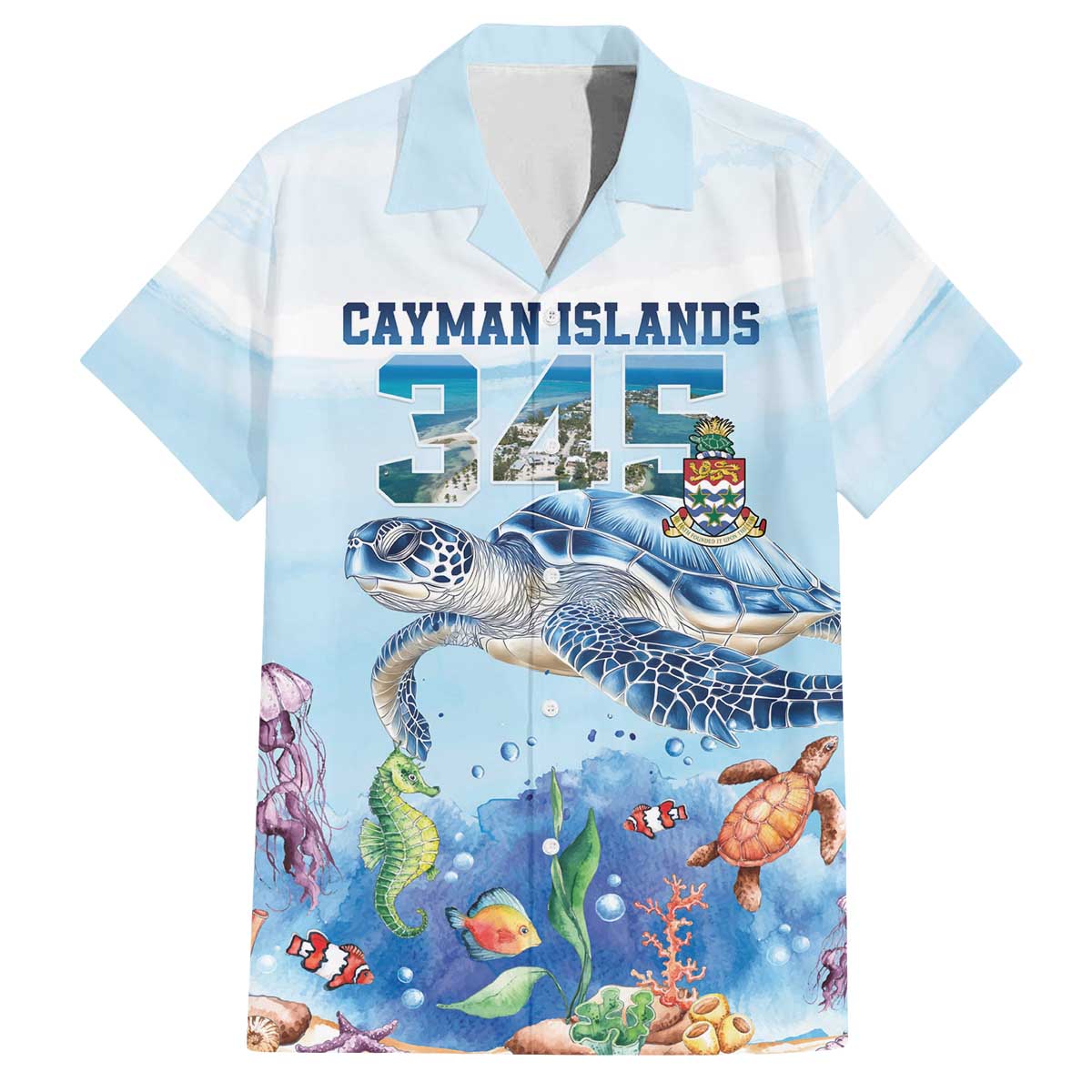 Personalized Cayman Islands 345 Family Matching Off The Shoulder Long Sleeve Dress and Hawaiian Shirt Watercolor Turtle - Wonder Print Shop