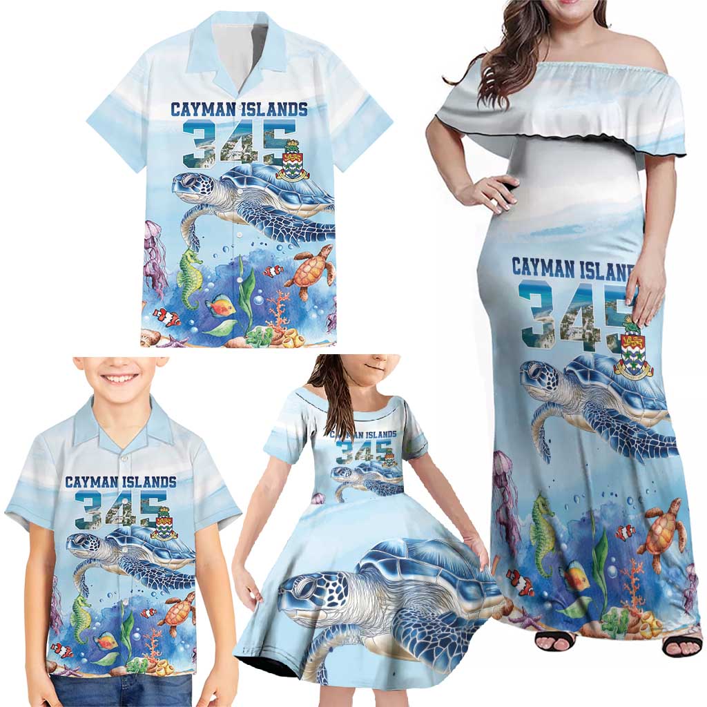 Personalized Cayman Islands 345 Family Matching Off Shoulder Maxi Dress and Hawaiian Shirt Watercolor Turtle - Wonder Print Shop