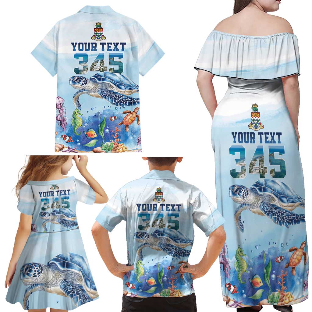 Personalized Cayman Islands 345 Family Matching Off Shoulder Maxi Dress and Hawaiian Shirt Watercolor Turtle - Wonder Print Shop