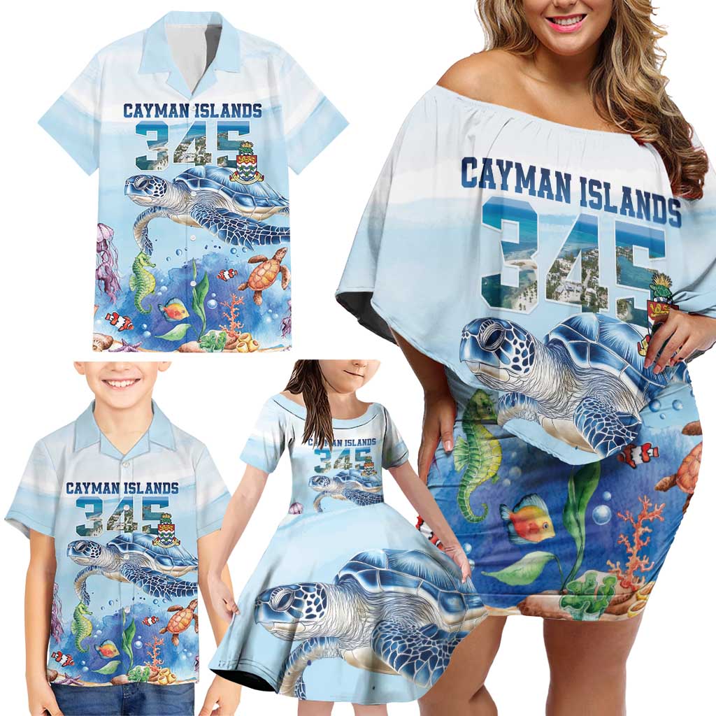 Personalized Cayman Islands 345 Family Matching Off Shoulder Short Dress and Hawaiian Shirt Watercolor Turtle - Wonder Print Shop