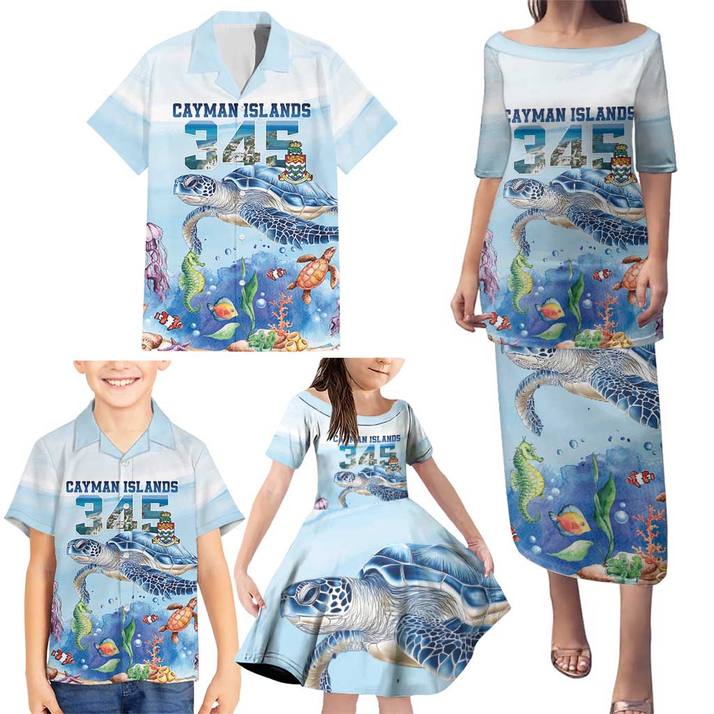 Personalized Cayman Islands 345 Family Matching Puletasi and Hawaiian Shirt Watercolor Turtle - Wonder Print Shop