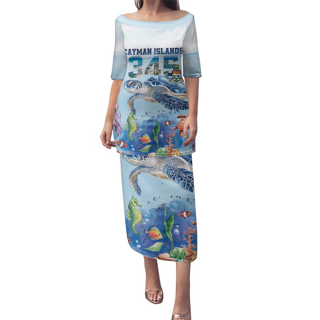 Personalized Cayman Islands 345 Family Matching Puletasi and Hawaiian Shirt Watercolor Turtle - Wonder Print Shop