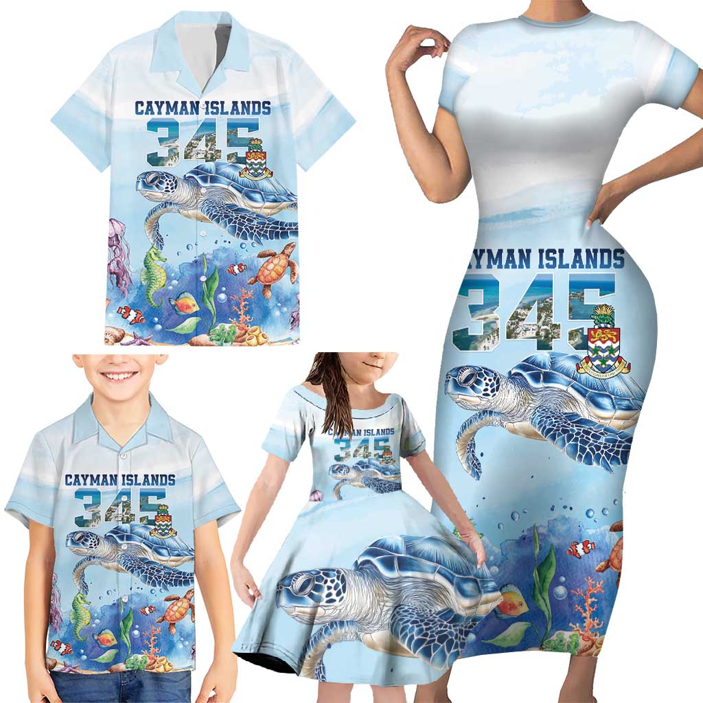 Personalized Cayman Islands 345 Family Matching Short Sleeve Bodycon Dress and Hawaiian Shirt Watercolor Turtle - Wonder Print Shop