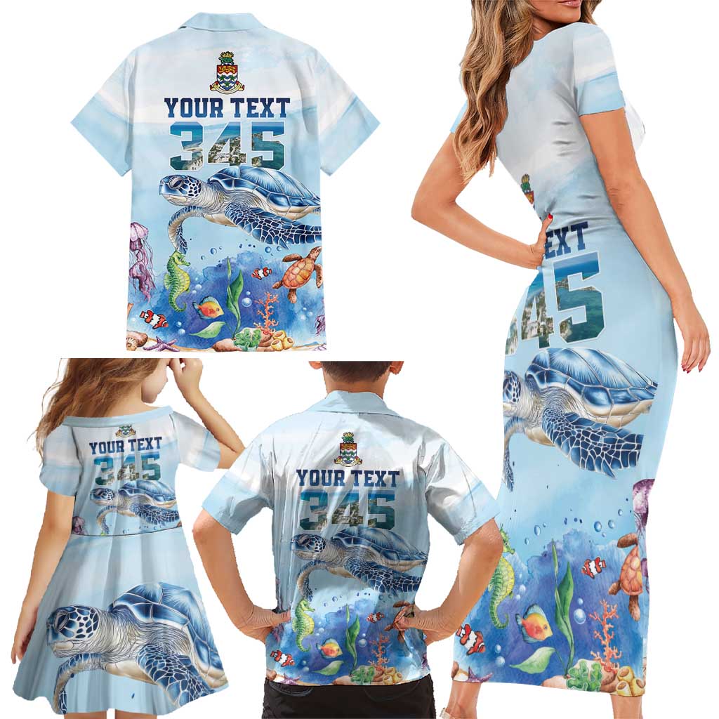 Personalized Cayman Islands 345 Family Matching Short Sleeve Bodycon Dress and Hawaiian Shirt Watercolor Turtle - Wonder Print Shop