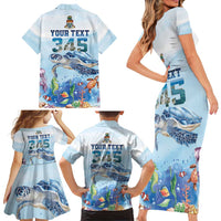 Personalized Cayman Islands 345 Family Matching Short Sleeve Bodycon Dress and Hawaiian Shirt Watercolor Turtle - Wonder Print Shop