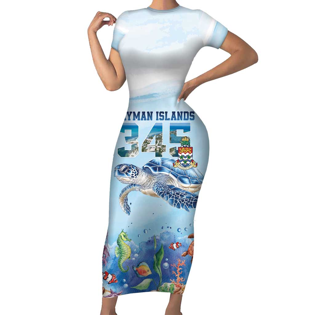 Personalized Cayman Islands 345 Family Matching Short Sleeve Bodycon Dress and Hawaiian Shirt Watercolor Turtle - Wonder Print Shop
