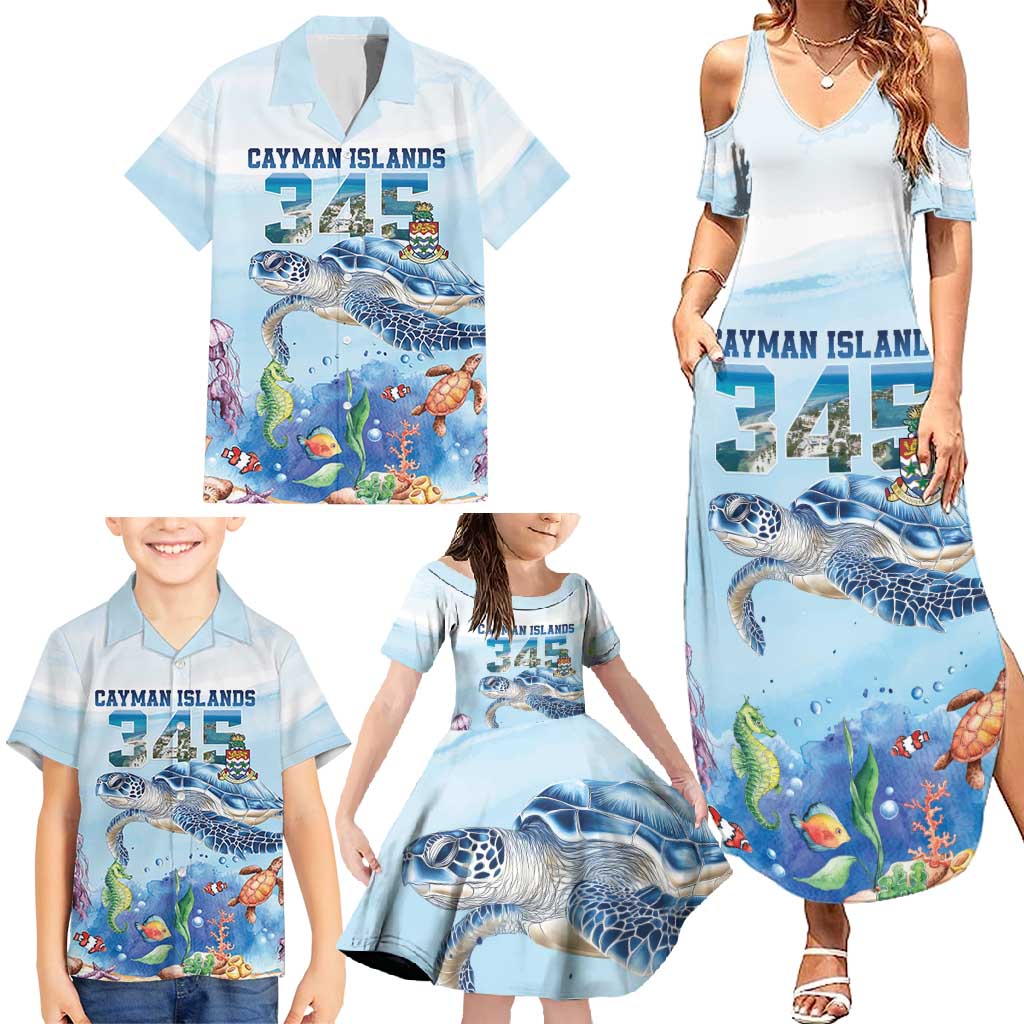 Personalized Cayman Islands 345 Family Matching Summer Maxi Dress and Hawaiian Shirt Watercolor Turtle - Wonder Print Shop