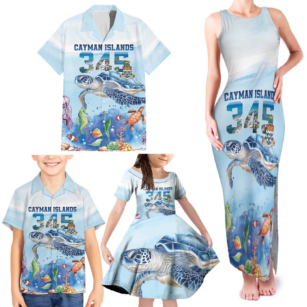 Personalized Cayman Islands 345 Family Matching Tank Maxi Dress and Hawaiian Shirt Watercolor Turtle - Wonder Print Shop