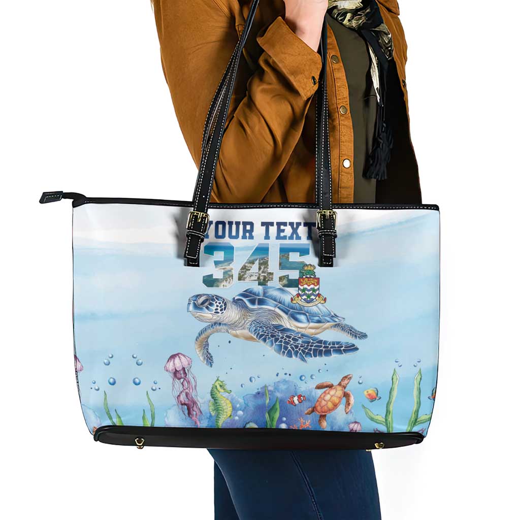 Personalized Cayman Islands 345 Leather Tote Bag Watercolor Turtle - Wonder Print Shop