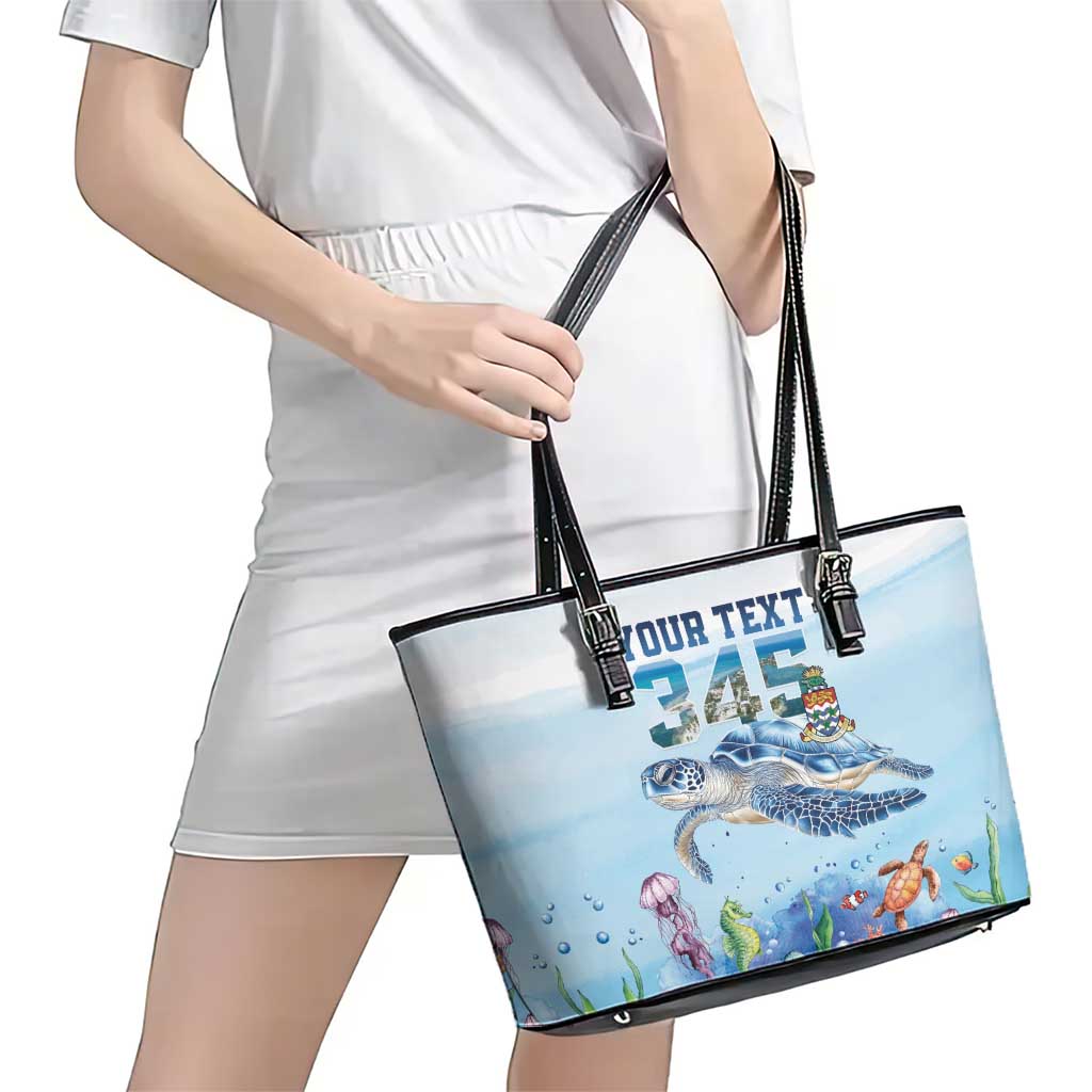 Personalized Cayman Islands 345 Leather Tote Bag Watercolor Turtle - Wonder Print Shop