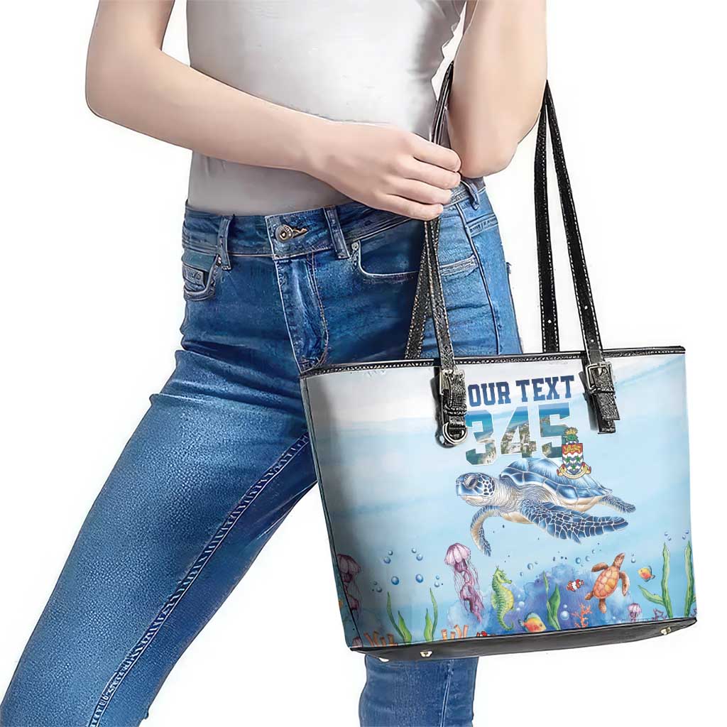 Personalized Cayman Islands 345 Leather Tote Bag Watercolor Turtle - Wonder Print Shop