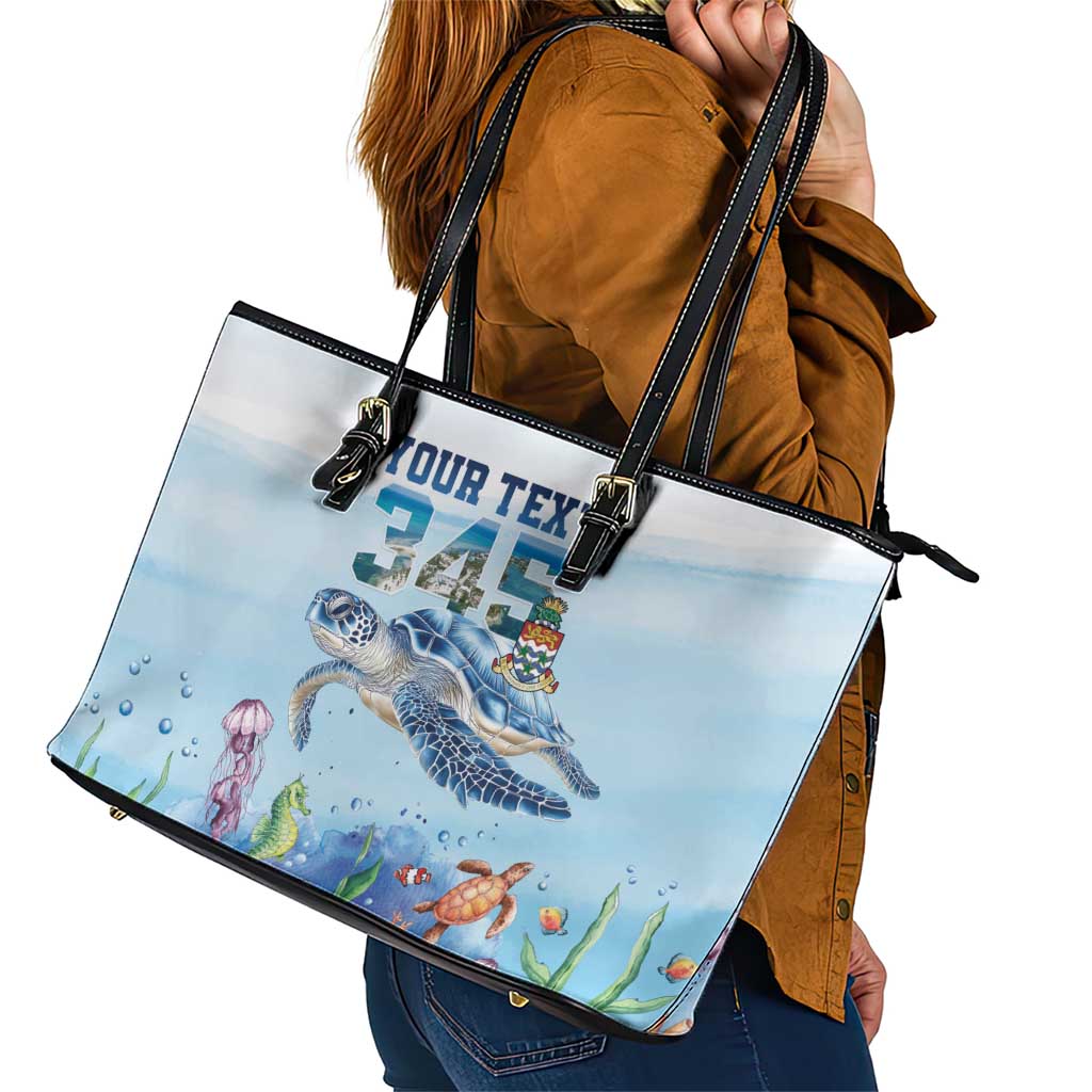 Personalized Cayman Islands 345 Leather Tote Bag Watercolor Turtle - Wonder Print Shop