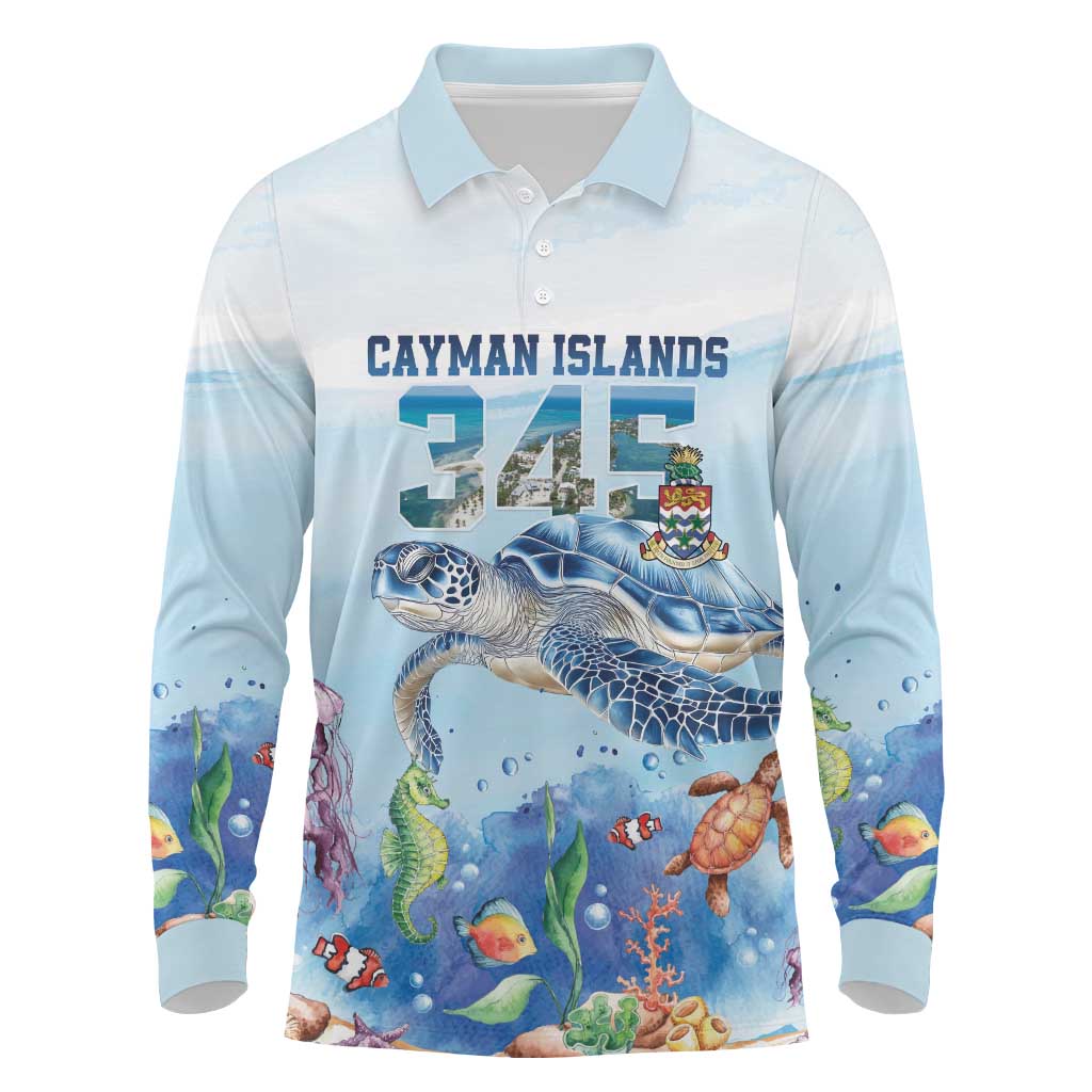 Personalized Cayman Islands 345 Long Sleeve Polo Shirt Watercolor Turtle - Wonder Print Shop