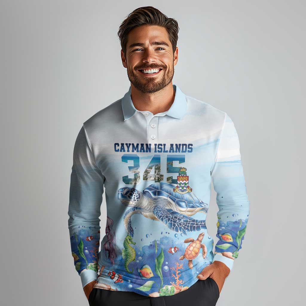 Personalized Cayman Islands 345 Long Sleeve Polo Shirt Watercolor Turtle - Wonder Print Shop
