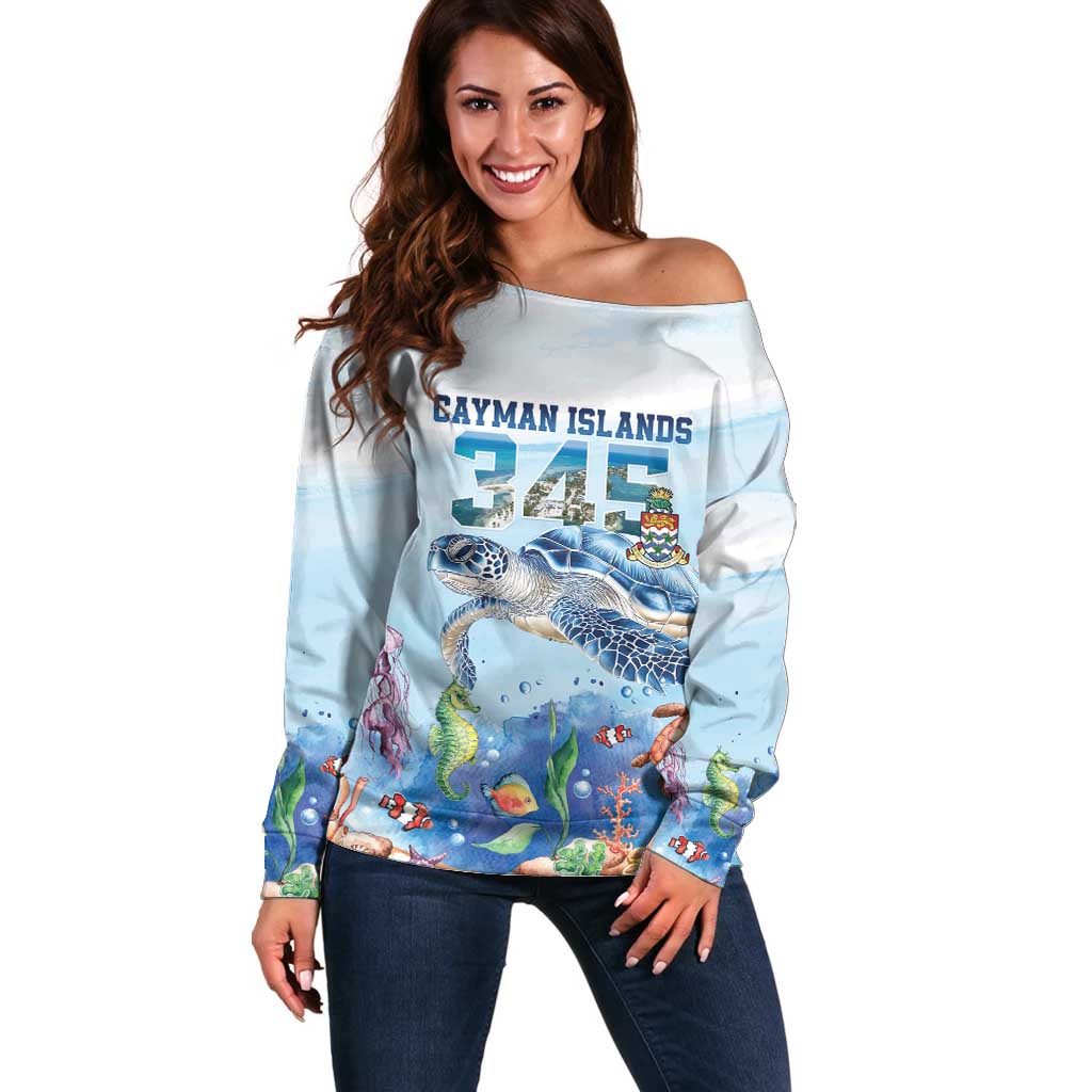 Personalized Cayman Islands 345 Off Shoulder Sweater Watercolor Turtle - Wonder Print Shop