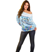 Personalized Cayman Islands 345 Off Shoulder Sweater Watercolor Turtle - Wonder Print Shop